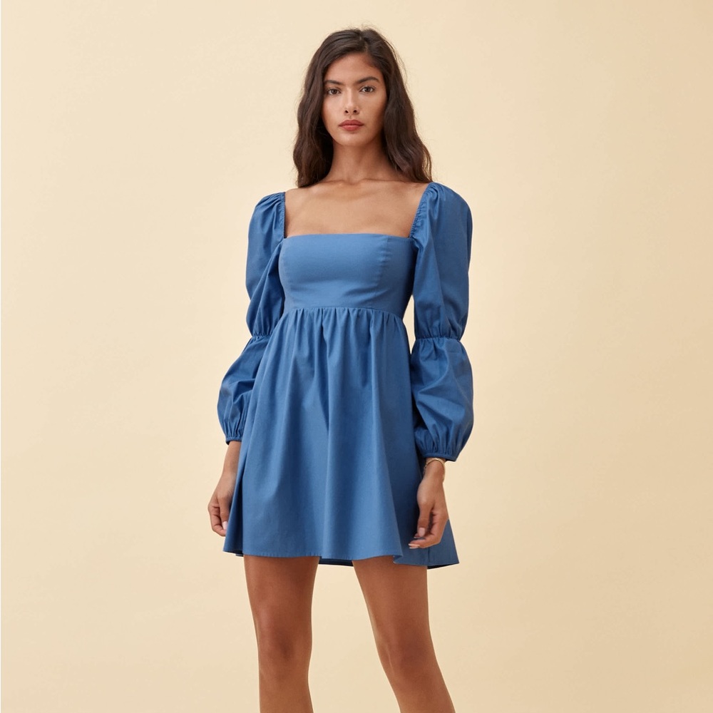 Reformation Michaela Mini Dress in Azure Blue Organic Cotton Sz 4 - Picture 4 of 10